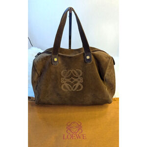 Loewe Mini Boston Hand Bag Vintage Anagram Logo Suede Leather Brown with Dustbag